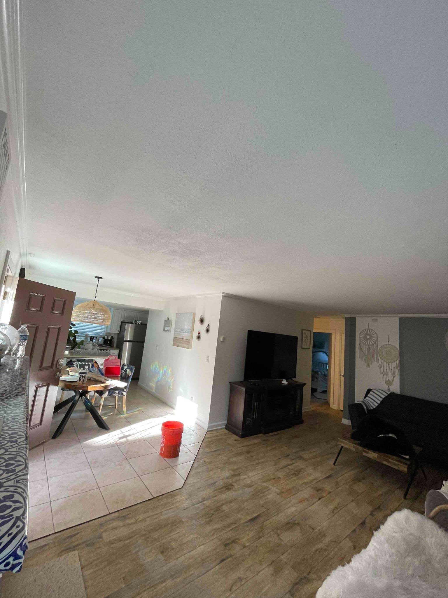 Wide view of the same living room after the ceiling was closed and given a textured finish